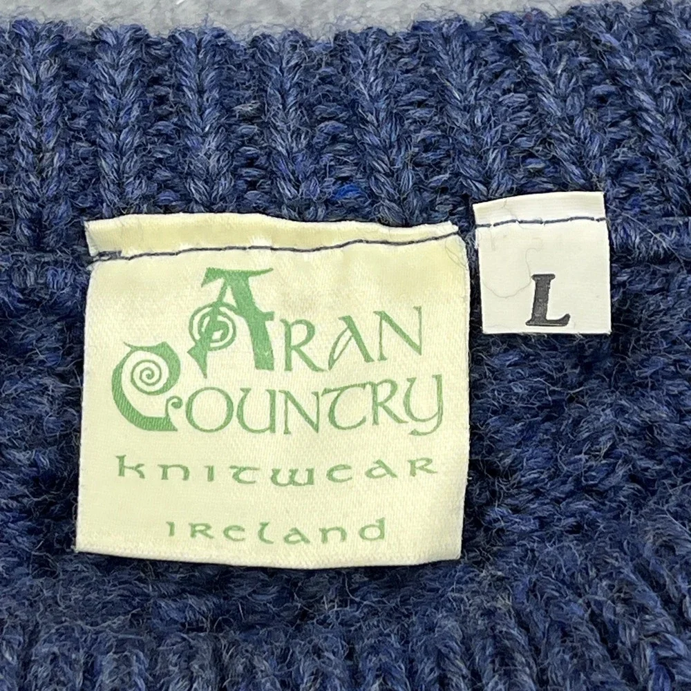 VTG Aran Country Sweater Men's Large Blue Chunky Cable Knit Wool‎ Jumper Ireland